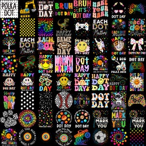 Puede incluir: Una colección digital de diseños gráficos con patrones de lunares, caras sonrientes coloridas, dinosaurios, equipamiento deportivo, temas espaciales y textos como Dot Day, Each Dot Matters y Make Your Mark sobre un fondo negro.