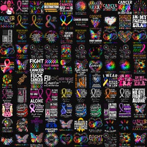 Puede incluir: Un collage de varios diseños con texto y cintas, que promueven la concienciación sobre el cáncer. Los diseños presentan frases como "Fight Cancer" y "In This Family, No One Fights Alone", utilizando una variedad de colores y fuentes.