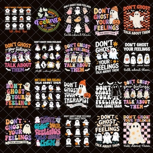 Puede incluir: Una colección de diseños gráficos con temática de Halloween sobre un fondo negro. Los diseños presentan personajes de fantasmas con varias expresiones y el texto "Don't Ghost Your Feelings, Talk About Them". La paleta de colores incluye blanco, naranja y morado.