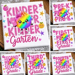 May include: A white square sign featuring a rainbow-coloured cartoon character with a pink bow, holding a pink notebook and pencil. The text reads Kinder Garten, Pre-K, First Grade, Second Grade, Third Grade, and Fourth Grade in pink glitter.