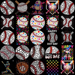 May include: A digital collection of baseball-themed graphics on a black background, featuring various baseballs with dot patterns, crossed bats, a baseball player, a glove, and text that reads Happy Dot Day in multiple colorful designs.
