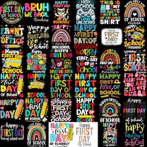 Puede incluir: Una colección de diseños gráficos coloridos con ilustraciones escolares como autobuses, lápices, arcoíris y manzanas, junto con textos como Happy First Day of School, High School Level Unlocked y Bruh We Back, sobre un fondo negro.