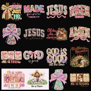 Puede incluir: Una colección de diseños con temática de Pascua sobre un fondo negro. Los diseños incluyen texto floral que dice "Ha resucitado", "Hecho para más", "Jesús", "Dios es bueno" y "Ha resucitado". Otros diseños incluyen cruces e imágenes de Jesús.
