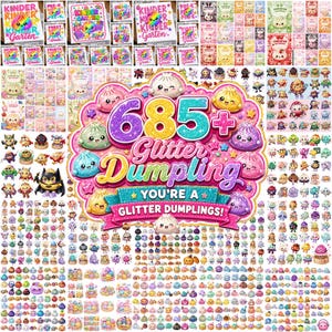 685+ Glitter Dumpling PNG-paket, Kawaii-matfigurer, Halloween, skolstart, födelsedag, årskurs och sublimeringsdesigner för anteckningsböcker