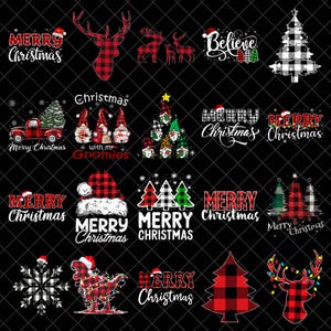 May include: A collection of Christmas-themed designs on a black background. The designs include text like "Merry Christmas" and "Believe", along with images of reindeer, Christmas trees, gnomes, and a dinosaur, all in festive colors.