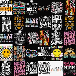 Puede incluir: Una colección de diseños gráficos con las frases "Next Stop High School" y "Goodbye Middle School". Los diseños presentan varias fuentes, colores y gráficos, incluyendo gorras de graduación, libros y caras sonrientes. Perfecto para la graduación.