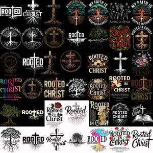Puede incluir: Una colección de diseños variados con la frase "Rooted in Christ", con cruces, árboles y elementos florales. Los diseños están en diferentes fuentes y estilos, sobre un fondo negro.