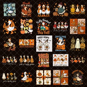 Puede incluir: Una colección de diseños gráficos con temática otoñal que presentan gansos de dibujos animados. Los diseños incluyen gansos con calabazas, leyendo libros y usando sombreros. Algunos diseños tienen texto como "Bruh It's Fall" y "Goose Bumps". La paleta de colores incluye naranja, marrón y negro.