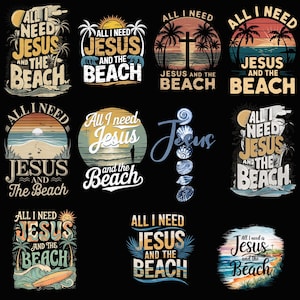 以下が含まれることがあります： 「All I Need is Jesus and the Beach」のテキストが入ったグラフィックデザインのコレクション。ビーチの風景、ヤシの木、夕日、十字架が描かれています。カラーパレットは、青、黄、オレンジ、白の色合いを含んでいます。