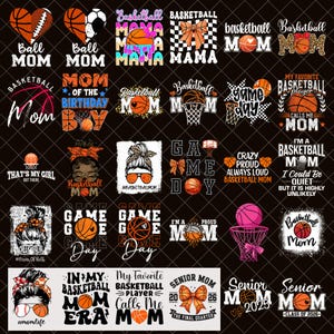 Puede incluir: Una colección de diseños con temática de baloncesto con balones, aros y texto. Los diseños incluyen frases como "Ball Mom", "Basketball Mom" y "Game Day". La paleta de colores incluye naranja, negro y blanco.
