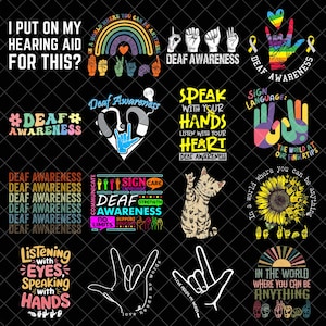 Puede incluir: Una colección de diseños gráficos sobre un fondo negro, con texto e ilustraciones relacionadas con la concienciación sobre la sordera y el lenguaje de signos. Los diseños incluyen gestos con las manos, arcoíris y el texto "Deaf Awareness."