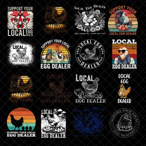 Puede incluir: Una colección de 12 diseños digitales coloridos con pollos y huevos con el texto "Apoya a tu proveedor de huevos local". Los diseños son perfectos para camisetas, tazas, bolsas de mano y otros productos.