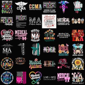 Puede incluir: Una colección de diseños gráficos coloridos con las palabras "Asistente Médico" en varias fuentes y estilos. Algunos diseños incluyen símbolos médicos, corazones y elementos florales. Los diseños están sobre un fondo negro.