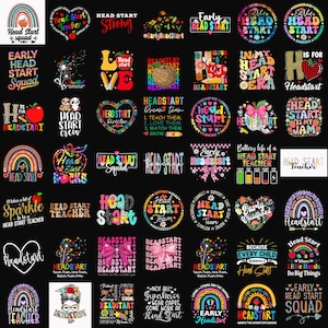 Puede incluir: Una colección de diseños gráficos coloridos con texto relacionado con los programas Head Start. Los diseños incluyen arcoíris, corazones, manzanas y citas inspiradoras. La paleta de colores es vibrante, con rosas, azules, verdes y amarillos.