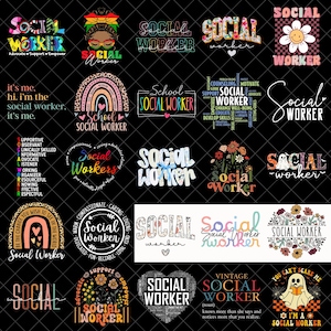 Pode incluir: Uma coleção de designs gráficos coloridos com as palavras "Social Worker" em várias fontes e estilos. Alguns designs incluem texto adicional como "Advocate, Support, Empower" e "School Social Worker".