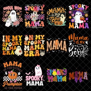 Puede incluir: Una colección de diseños con temática de Halloween con fantasmas, calabazas y las palabras "Mama" y "Spooky". Los diseños utilizan varios colores, incluyendo naranja, morado y negro, con fuentes retro y patrones de cuadros.