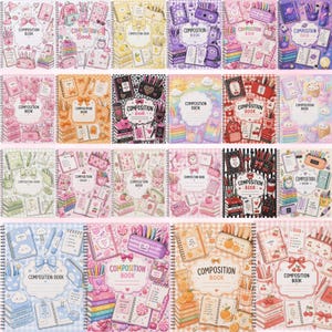 Puede incluir: Una colección de veinticuatro cuadernos de espiral con diversos temas ilustrados y coloridos, incluyendo papelería, comida, animales y motivos celestiales, cada uno con un área de etiqueta central para escribir un título.