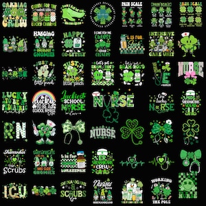 Puede incluir: Una colección de diseños temáticos del Día de San Patricio con tréboles verdes, enfermeras y frases médicas. Los diseños incluyen texto como "Nurse", "Lucky" y "Shamrockin'" sobre un fondo negro.
