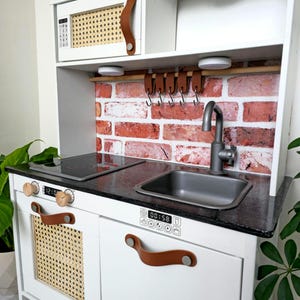 Ikea Duktig Leather Hooks and Handles, Play Kitchen Accessories, Duktig decals sticker set Backsplash, Playkitchen rattan panels, wooden rod