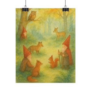 Woodland Gnomes and Friends Watercolor Poster, educational waldorf classroom poster, homeschool classroom educational poster, steiner school