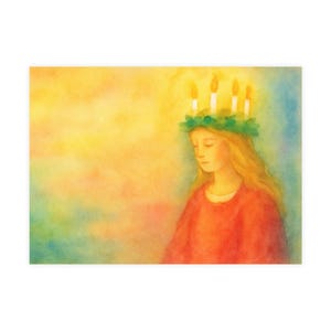 Santa Lucia in Red Postcard, saint art prints, waldorf art prints, fine art postcards, art prints homeschool, santa lucia verse, winter