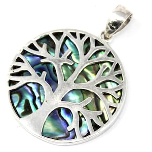 May include: A silver pendant featuring a tree of life design. The tree is cut out, showcasing a colourful abalone shell background with blue, green, and purple hues. The pendant has a loop for a chain.