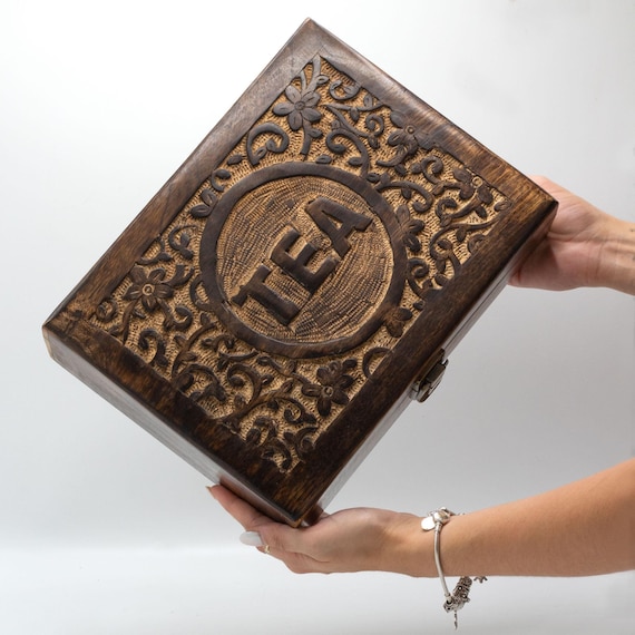 Sustainable Carved Mango Wood Tea Box with Brass Clasp