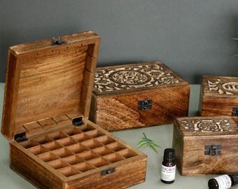 Mango Wood Essential Oil Storage Box  Floral Design, Holds 24 Bottles