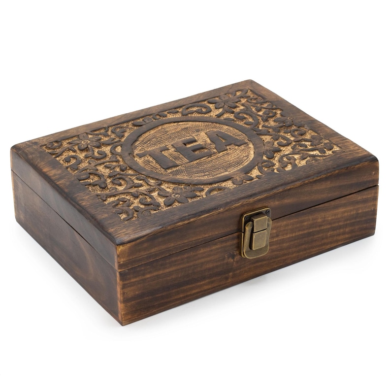 Handmade Wooden Tea Box in 3 different sizes -3, 6 or 12 Compartment Artisan Mango Wood Storage box with Carved Lid, tea lovers gift