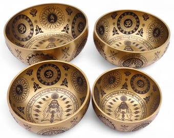 Pure Brass Singing Bowl Set, 4 Etched Bowls, Meditation, Limited Stock