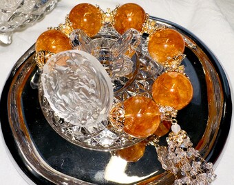 Handmade High Quality Yellow Hematoid Crystal Bracelet with Pure Fox Pattern Crystal Plate,Unique and Healing,20mm Beads and 40mm Plate