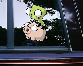 Invader Zim rides a Piggy | Car Decals | Cartoon | Funny Memes | Vinyl Stickers | Tumblers | Laptop | Toolbox | Macbook | Phone | Waterproof
