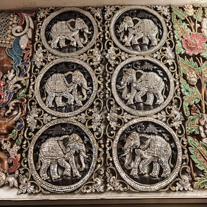 Elephant Mirror Wood Panel Wood Carved Panels, Carved Wood Wall Art 2 Panel, Thai Wood Carving, Carved Wall Art Relief Hanging