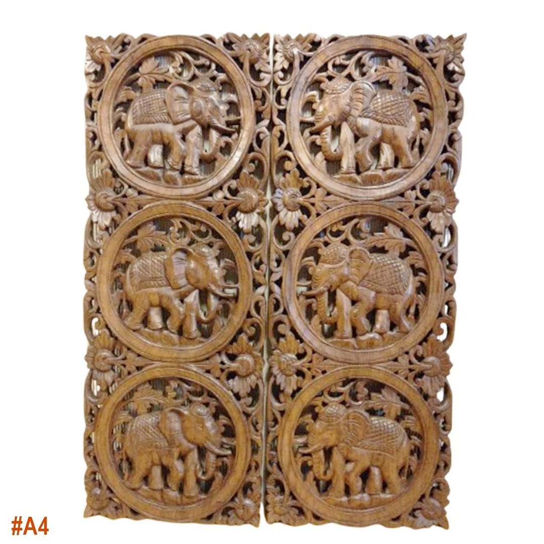 Thai Wood Carving: Elephant Wood Panel Wall Art (set of 2) - Etsy