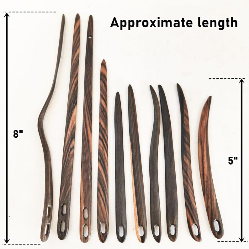 May include: Set of 10 wooden knitting needles with different lengths. The needles are 5 inches and 8 inches long. The needles are made of dark wood with a natural grain pattern. Approximate length is written on the image.