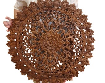 Round Hand-Carved Teak Wood Wall Art 24" Petal Mandala Medallion Circular Wall Sculpture