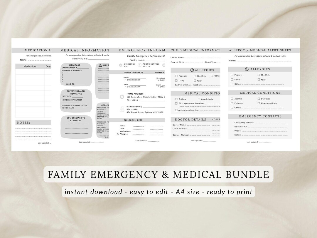 Family Emergency and Medical Information Pack | Printable Emergency ...