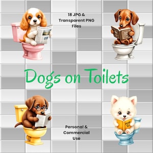 Op de afbeelding: Digitale kunst met vier cartoonhonden op toiletten. Eén hond leest een krant, een andere een boek en een derde draagt een bril tijdens het lezen. De vierde hond leest een boek met de titel "POOP LIKE A PRO". De tekst "Dogs on Toilets" wordt weergegeven.