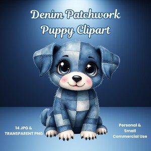 Clipart de filhote de cachorro de patchwork jeans, design de animal de estimação fofo, arte de fazer cartões, decoração de berçário, animal excêntrico, estilo fantasia, JPG e PNG transparente