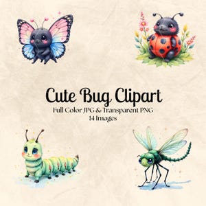 Cute Bugs Clipart, High resolution JPG & Transparent PNG files, Fun, Whimsical Design, Insects, Creepy Crawlies, DIY Stickers, Invitations