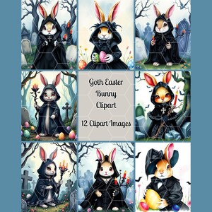 May include: Twelve digital clipart images of goth Easter bunnies dressed in black robes and holding candles. The bunnies are in a graveyard setting with tombstones and flowers.