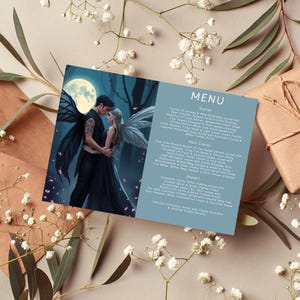 Carte postale de menu de mariage, style couverture de livre, thème Fae, 4 x 6 pouces, mariage imprimable, modèle canva, personnalisation, téléchargement immédiat, BCMF
