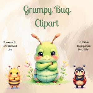 May include: A digital clipart set featuring three cute cartoon bugs with grumpy expressions. The bugs are a green caterpillar, a yellow bee, and a red ladybug. The set includes 10 JPG and PNG files.