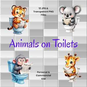Dieren op toiletten Clipart, 12 JPG + 12 transparante PNG-bestanden, Instant Download, Digitaal, Print of Sublimatie, Persoonlijk en commercieel gebruik