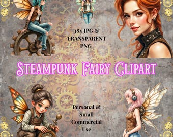 Steampunk Fairy Clipart Bundle, Mechanical Fantasy PNG & JPG Illustrations, Instant Digital Download for Crafts, Journalling + Invitations