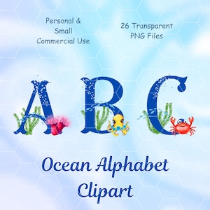 Ocean Alphabet Cliparts, transparentes PNG, Monogramm, Kunstdruck für Kinder, Sublimationsdesign, unter dem Meer, Tiere, Pflanzen, Wildtiere