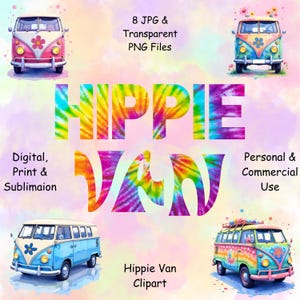 Hippie Van Clipart, 8 fichiers JPG, 8 fichiers PNG transparents, téléchargement immédiat, numérique, impression ou sublimation, usage Commercial