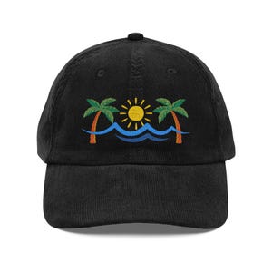 Embroidered Corduroy Cap | Retro Sun & Palm Design | Beach Hat, Summer Accessory, Gift for Her, Casual Headwear