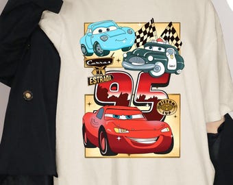 Retro comfortkleuren radiatorveren Cars-filmshirt, Lightning McQueen-shirt, Cars-filmshirt, shirt familie-uitje
