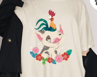 Koszulka z motywem koguta Pua w kwiaty z motywem Moana HeiHei, koszulka w kwiatowe, komfortowe kolory, pasująca koszulka z motywem rodzinnej wycieczki, Hei Hei i Pua